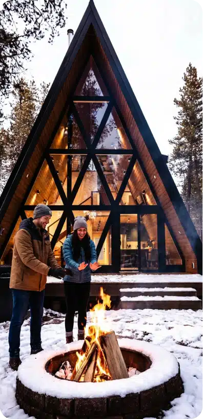 An A-frame cabin lit at dusk beside its fire pit