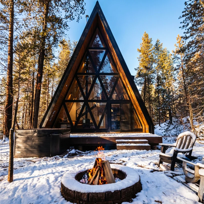 A fire pit burning in the snow outside an A-frame